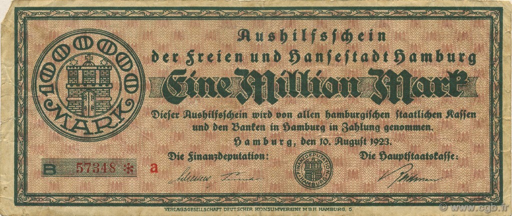 1 Million Mark ALLEMAGNE Hambourg 1923  TB