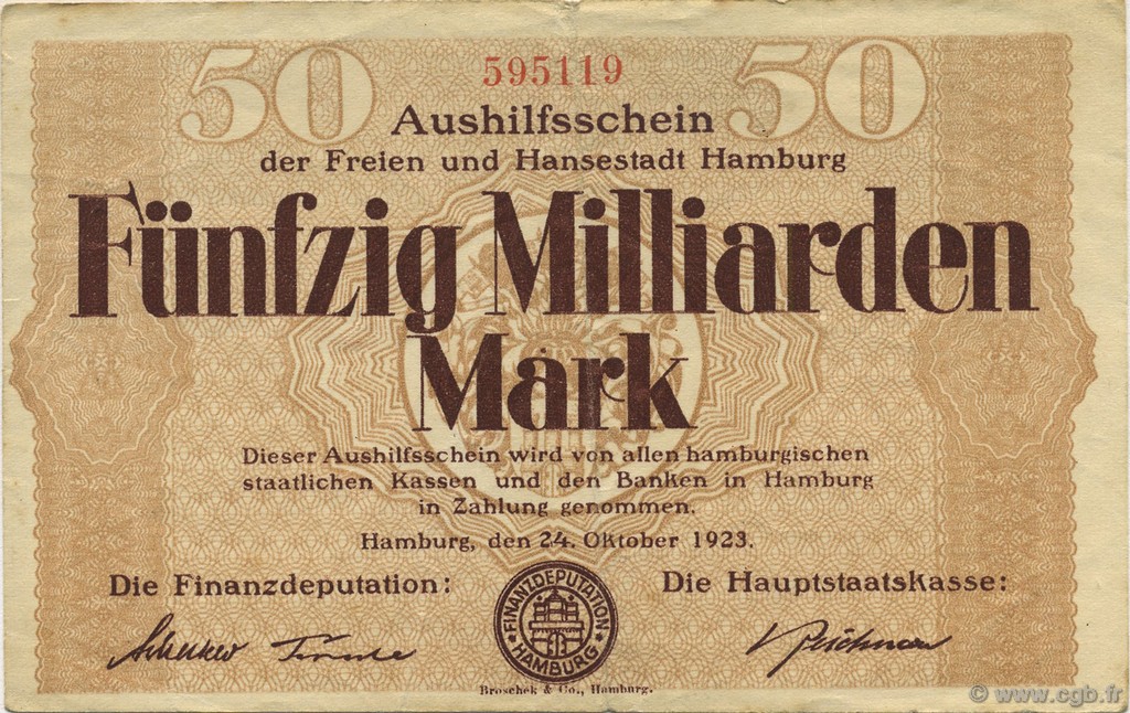 50 Milliards Mark ALLEMAGNE Hambourg 1923  TTB
