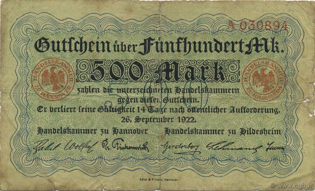 500 Mark ALLEMAGNE Hannovre 1922  TB