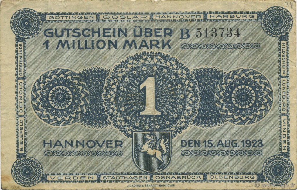 1 Million Mark GERMANY Hannovre 1923  VF