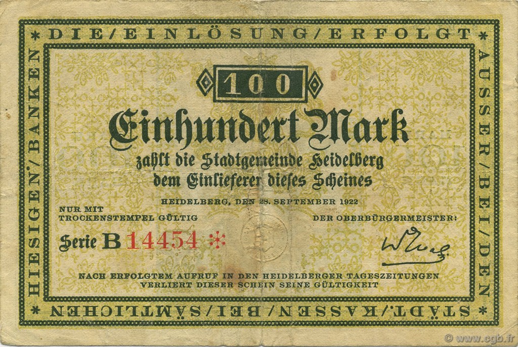 100 Mark ALLEMAGNE Heidelberg 1922  TTB