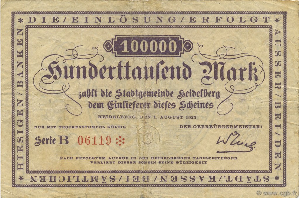 100000 Mark ALLEMAGNE Heidelberg 1923  pr.TTB