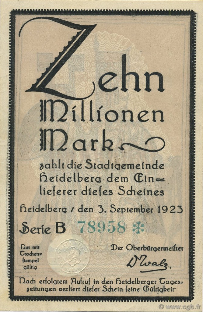10 Millions Mark ALLEMAGNE Heidelberg 1923  SUP