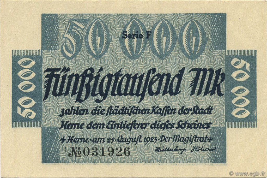 50000 Mark GERMANY Herne 1923  UNC-