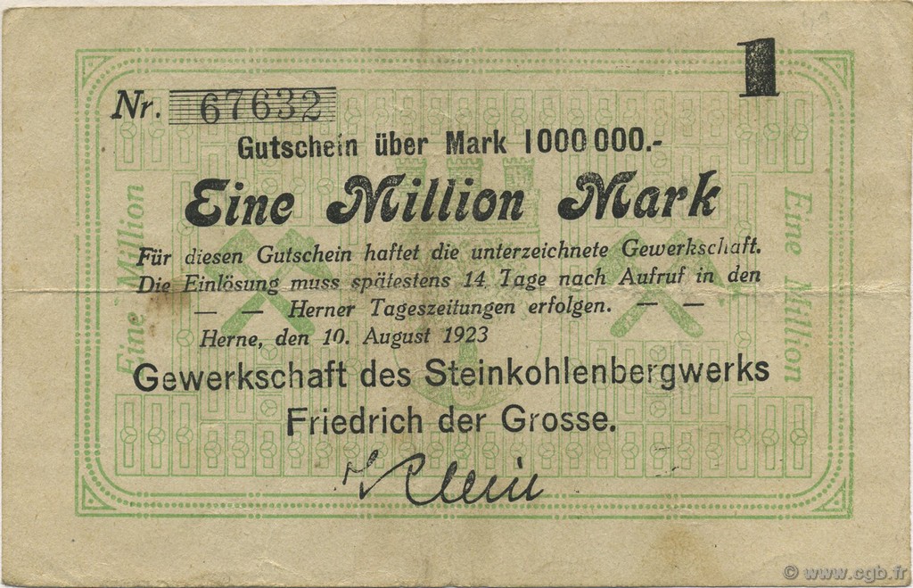 1 Million Mark GERMANY Herne 1923  VF