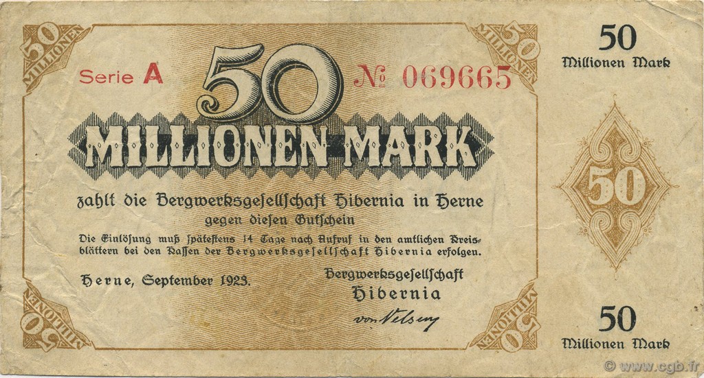 50 Millions Mark ALLEMAGNE Herne 1923  TTB