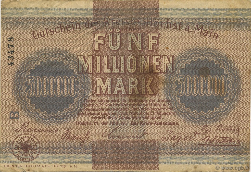 5 Millions Mark ALLEMAGNE Hochst 1923  TB