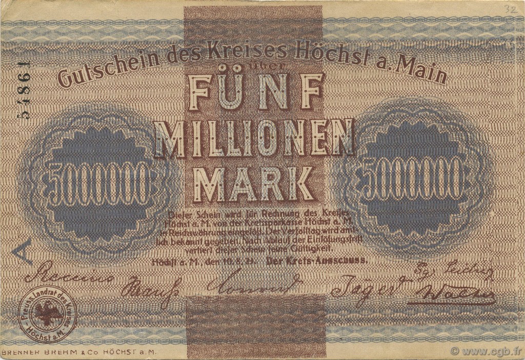 5 Millions Mark GERMANY Hochst 1923  VF+
