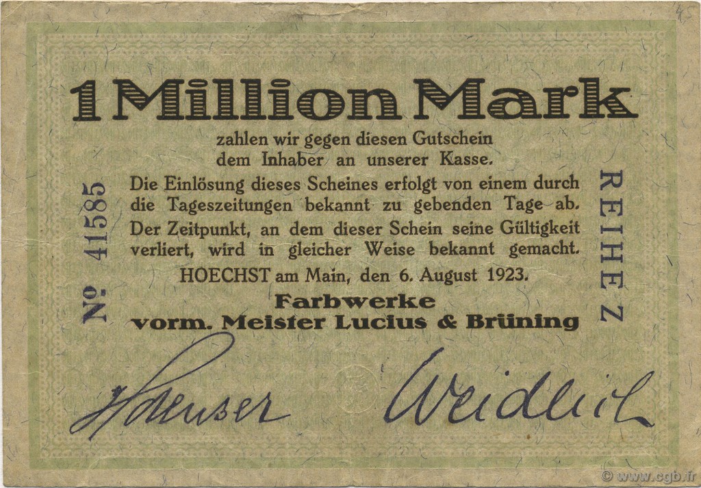 1 Million Mark ALLEMAGNE Hochst 1923  TTB