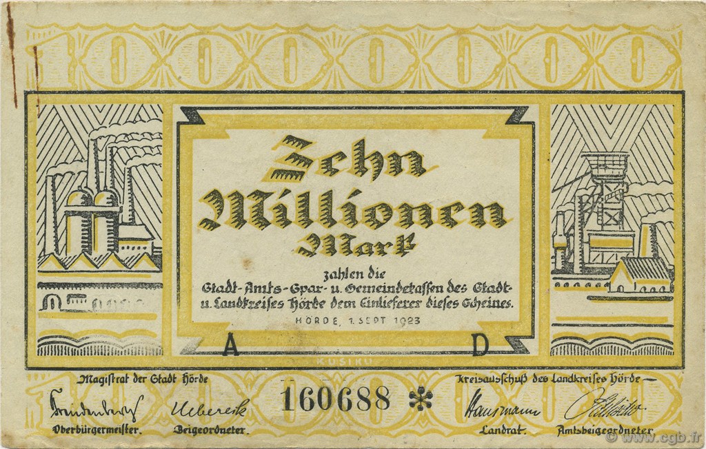 10 Millions Mark GERMANY Hörde 1923  VF