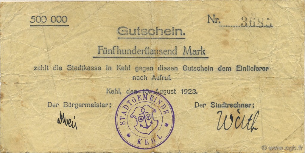 500000 Mark GERMANY Kehl 1923  F+