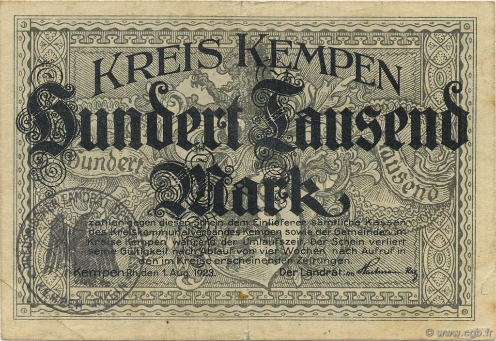 100000 Mark ALLEMAGNE Kempen 1923  TTB