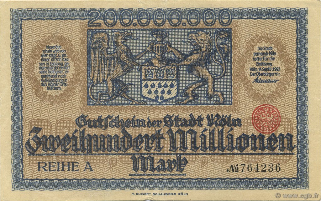 200 Millions Mark ALLEMAGNE Köln 1923  TTB+