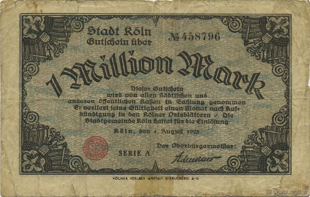 1 Million Mark ALLEMAGNE Köln 1923  TB