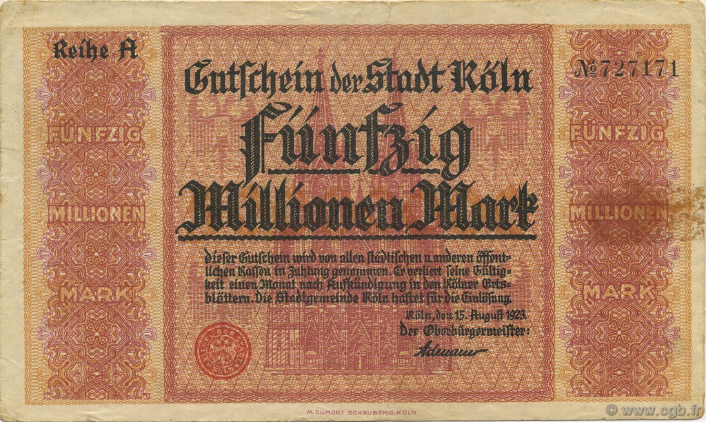50 Millions Mark ALLEMAGNE Köln 1923  TB