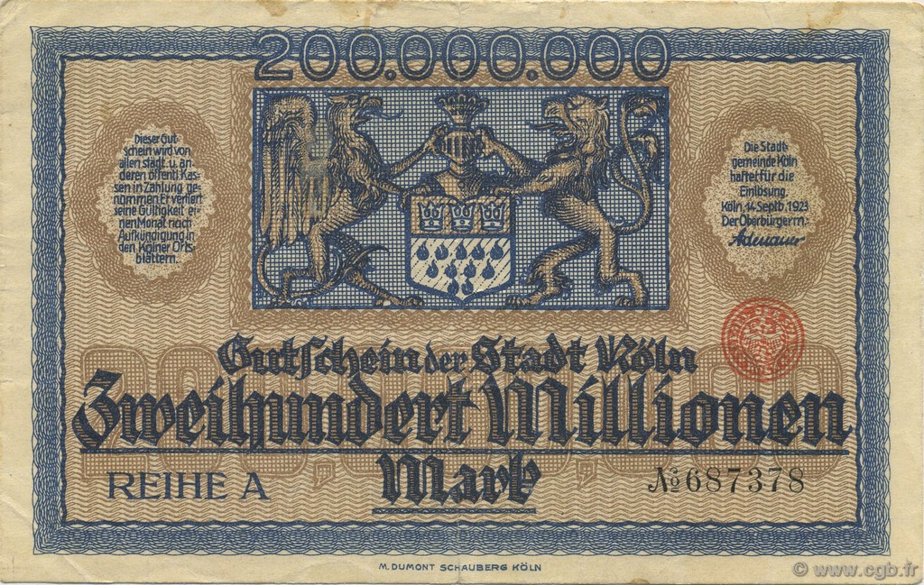 200 Millions Mark ALLEMAGNE Köln 1923  TTB