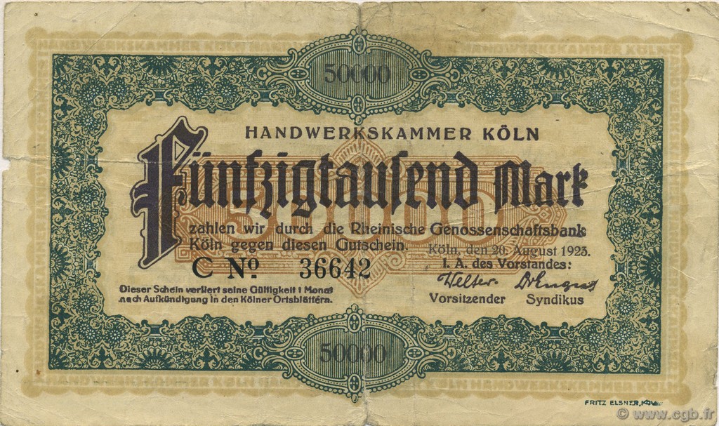 50000 Mark ALLEMAGNE Köln 1923  TB