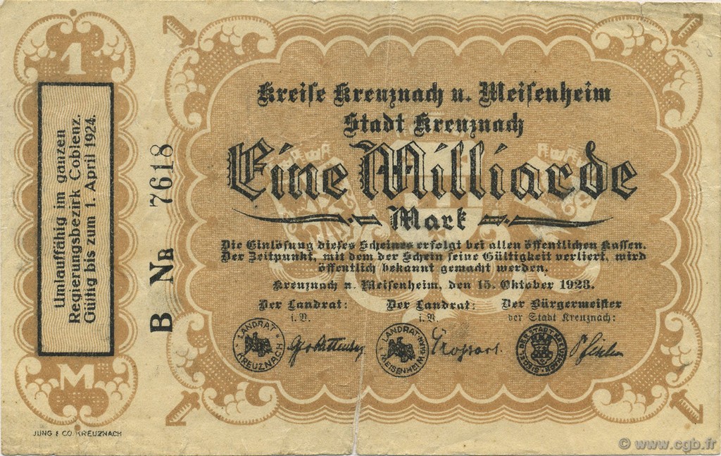 1 Milliard Mark GERMANY Kreuznach 1923  VF