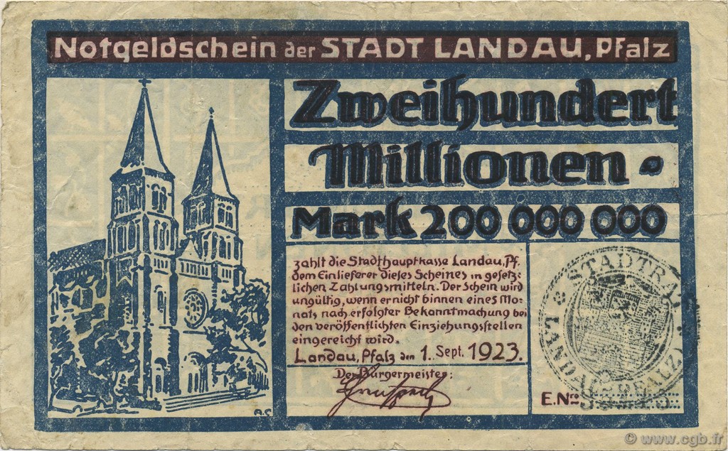200 Millions Mark ALLEMAGNE Landau Pfalz 1923  TTB