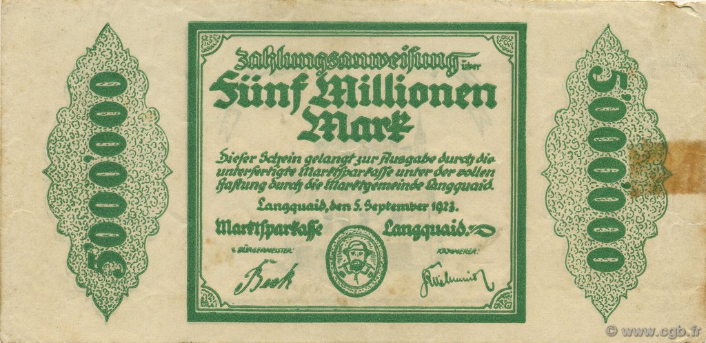 5 Millions Mark GERMANY Langquaid 1923  F+