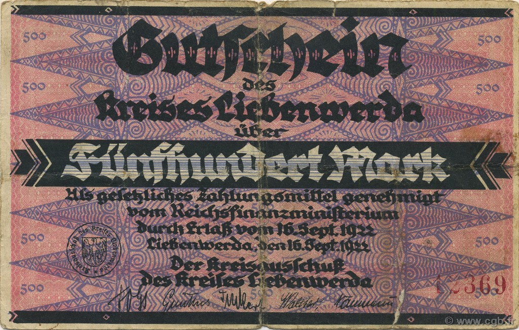 500 Mark ALLEMAGNE Liebenwerda 1922  B