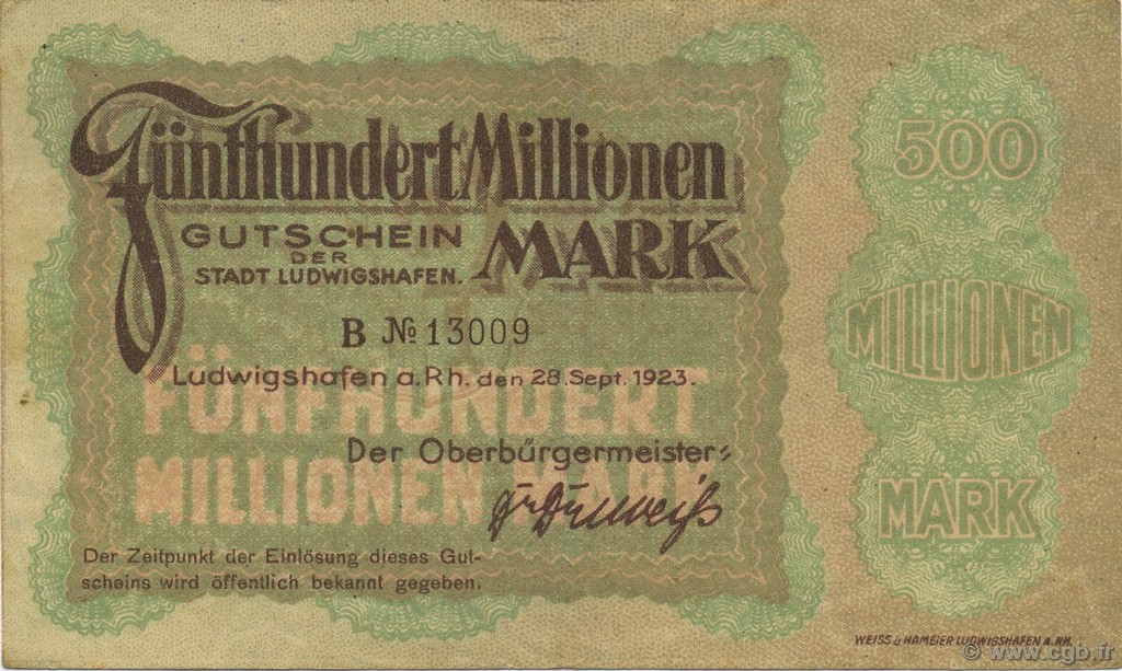 500 Millions Mark ALLEMAGNE Ludwigshafen 1923  TTB