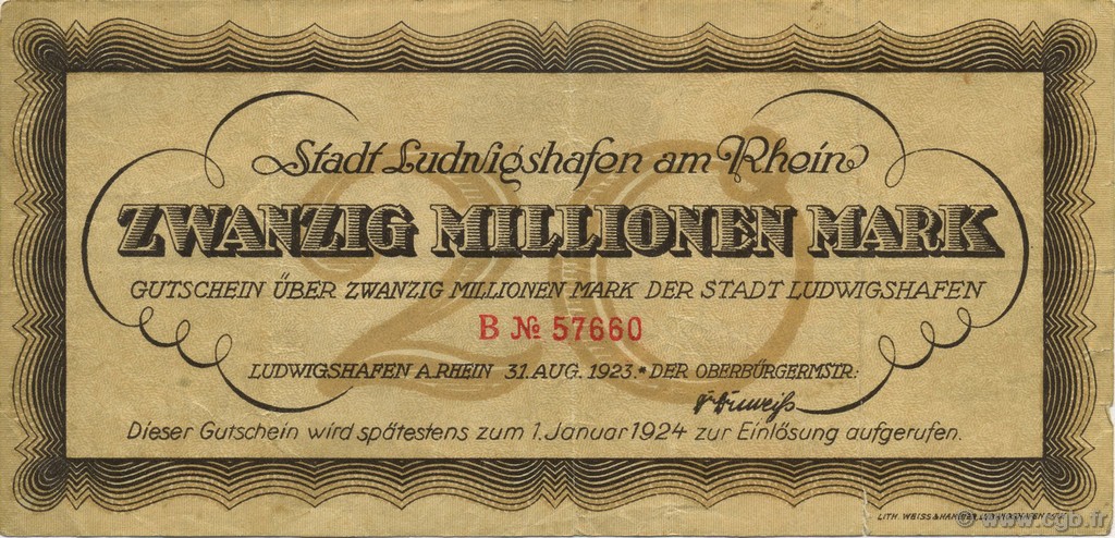 20 Millions Mark ALLEMAGNE Ludwigshafen 1923  TTB