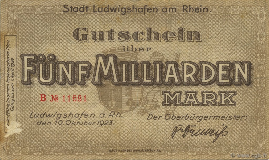 5 Milliards Mark ALLEMAGNE Ludwigshafen 1923  TTB