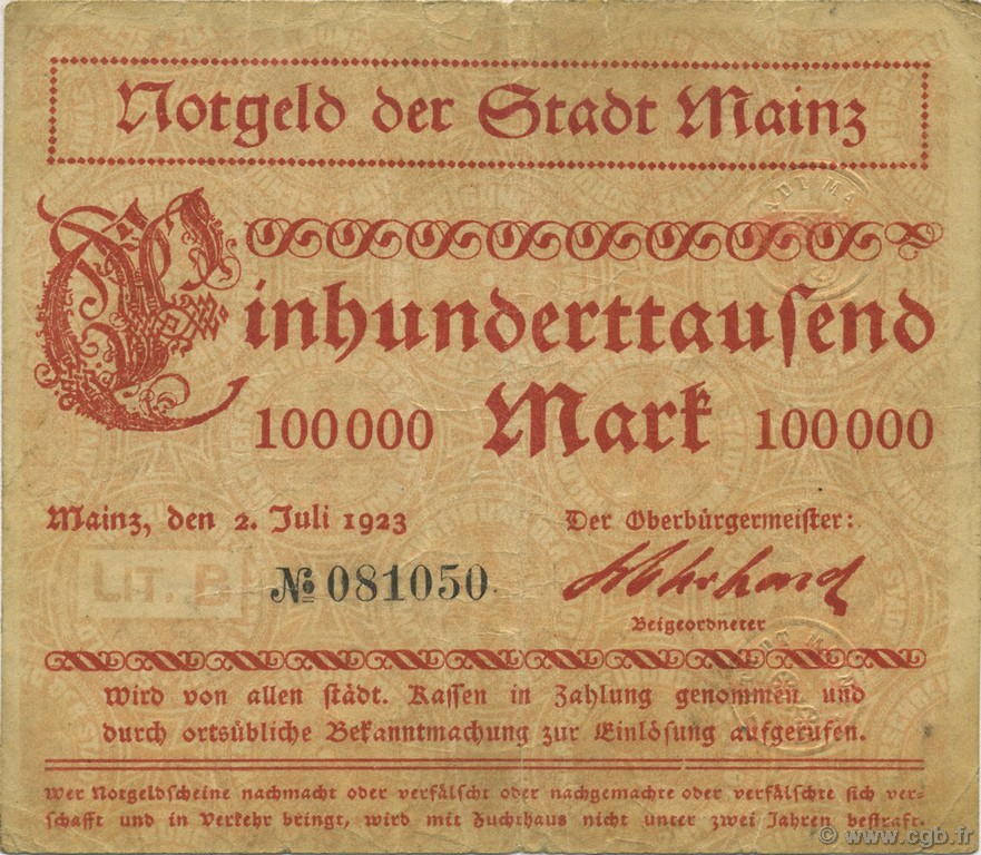 100000 Mark ALLEMAGNE Mainz-Mayence 1923  TTB