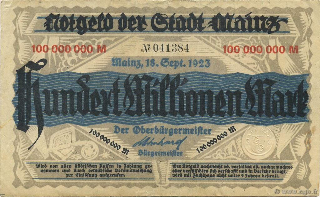 100 Millions Mark GERMANY Mainz-Mayence 1923  VF