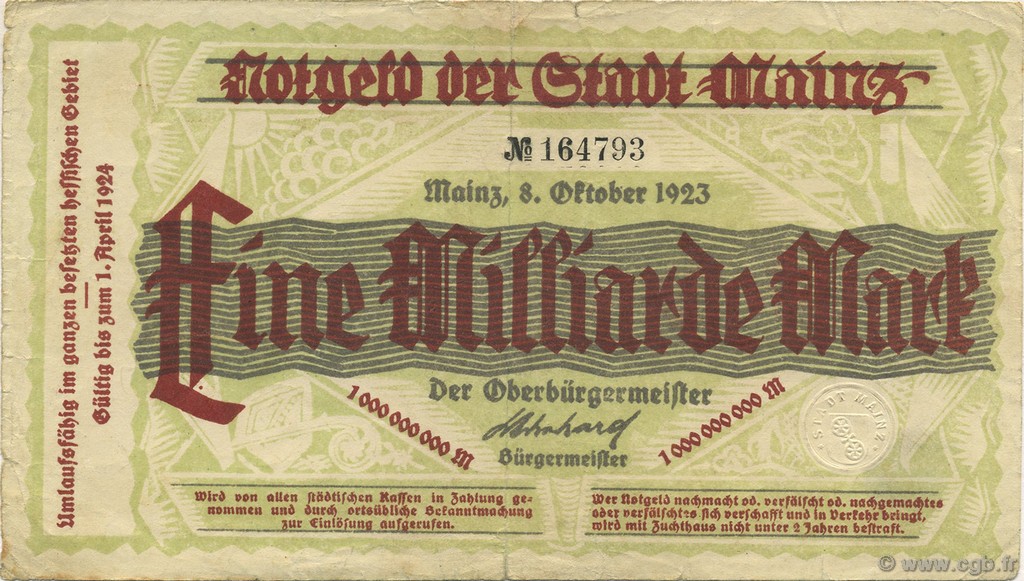 1 Milliard Mark GERMANY Mainz-Mayence 1923  VF-