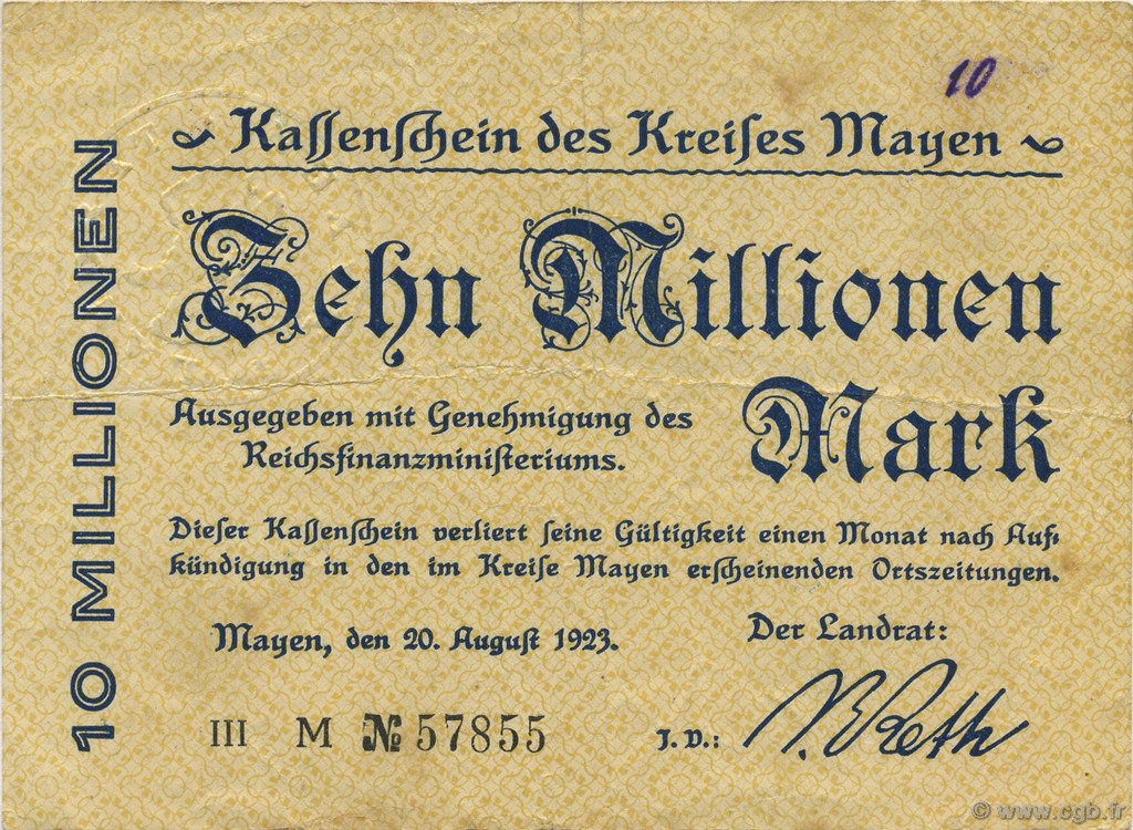 10 Millions Mark GERMANY Mayen 1923  VF