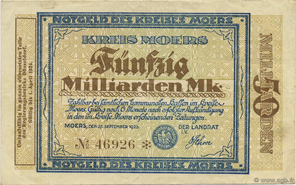 50 Milliards Mark ALLEMAGNE Moers 1923  TTB