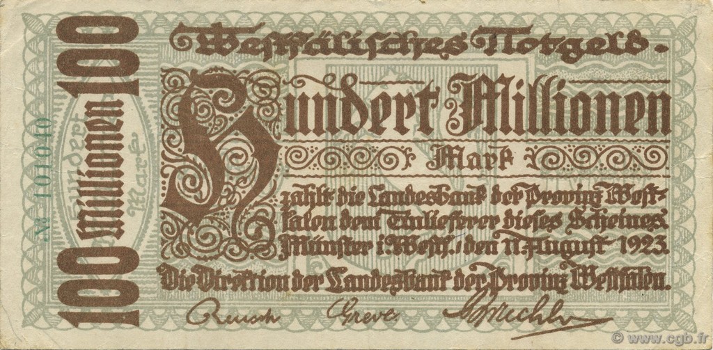 100 Millions Mark ALLEMAGNE Münster 1923  TTB