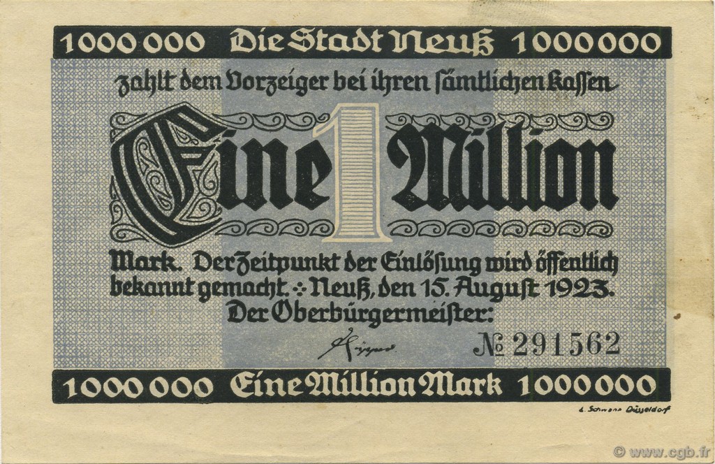 1 Million Mark GERMANY Neuss 1923  XF