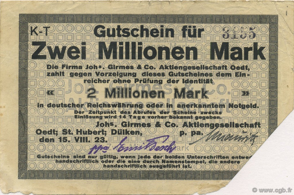2 Millions Mark Annulé ALLEMAGNE Oedt - St.hubert 1923  TTB+