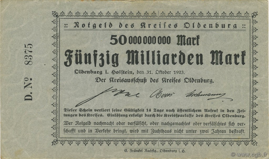 50 Milliards Mark GERMANY Oldenburg 1923  XF