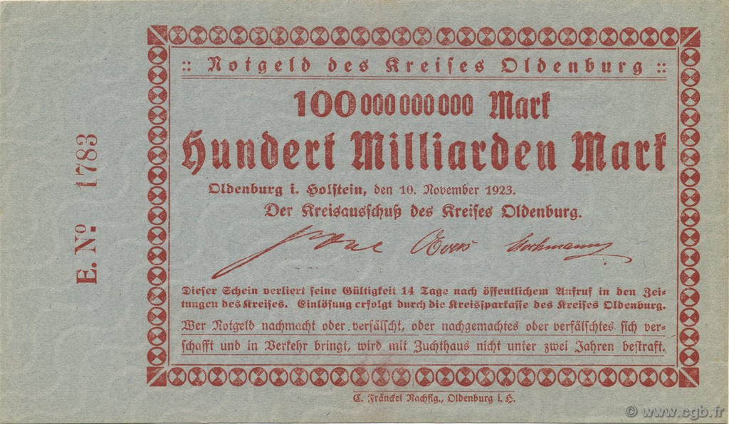 100 Milliards Mark ALLEMAGNE Oldenburg 1923  pr.NEUF