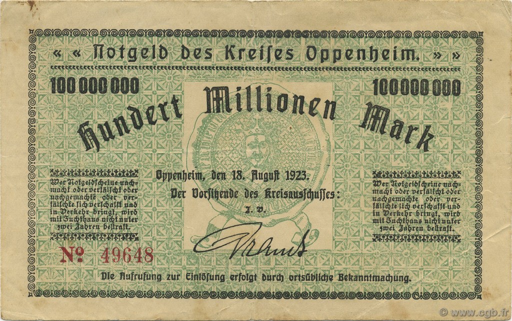 100 Millions Mark ALLEMAGNE Oppenheim 1923  TTB