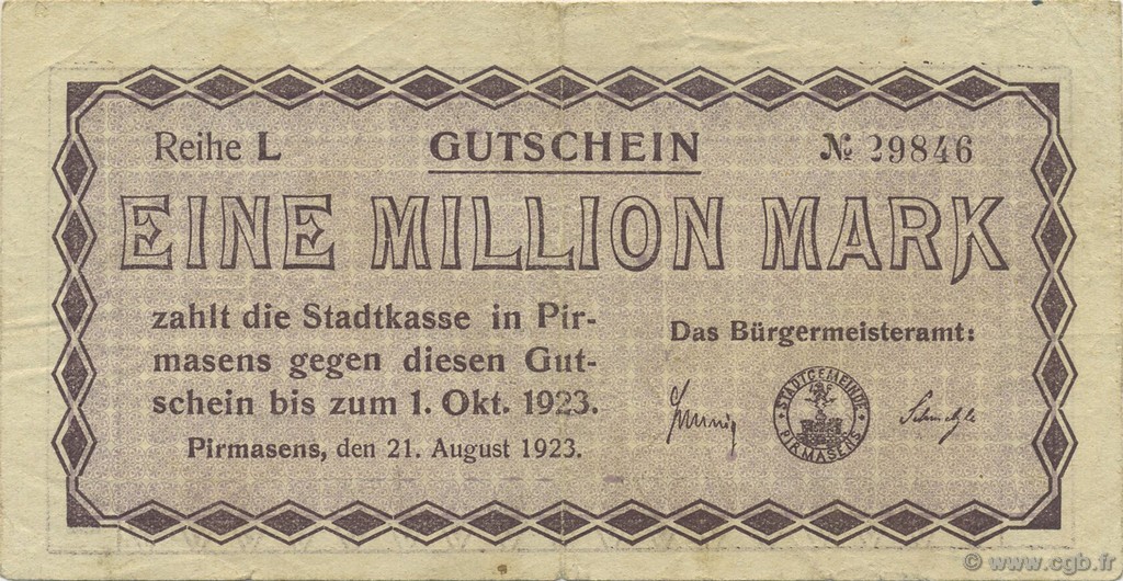 1 Million Mark ALLEMAGNE Pirmasens 1923  TTB
