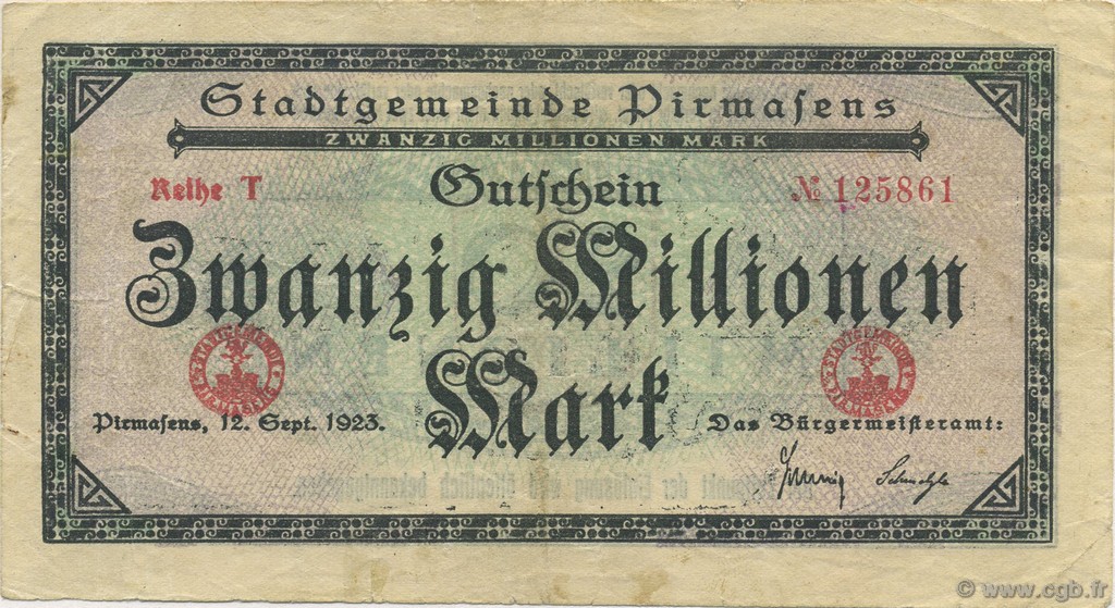 20 Million Mark ALLEMAGNE Pirmasens 1923  TTB