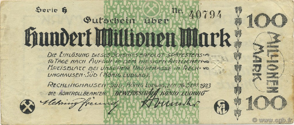 100 Millions Mark ALLEMAGNE Recklinghausen 1923  TTB