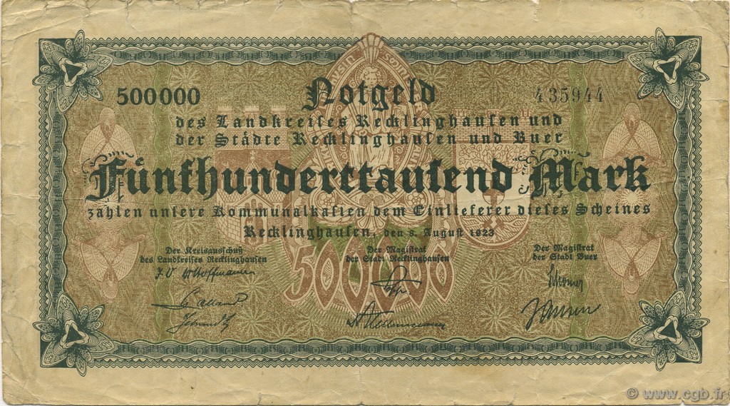 500000 Mark GERMANY Recklinghausen 1923  F+