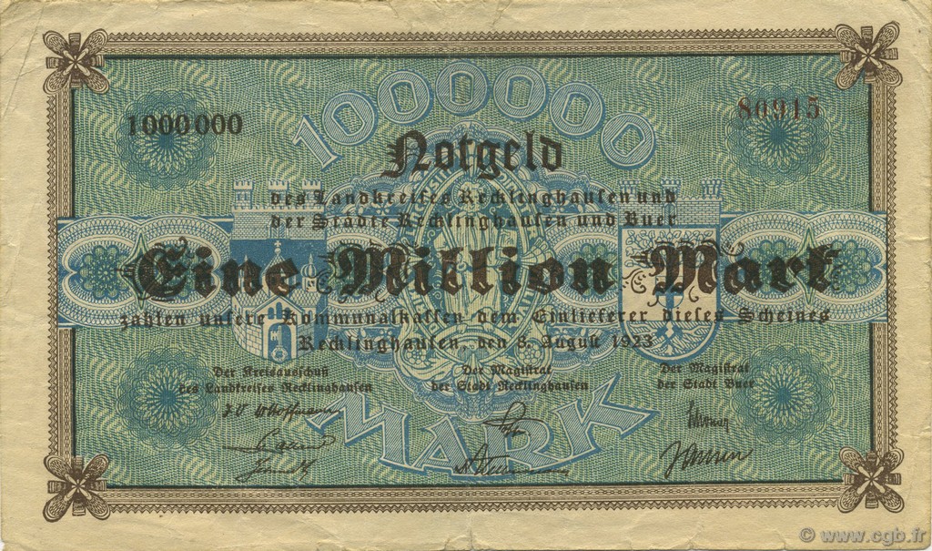 1 Million Mark GERMANY Recklinghausen 1923  VF