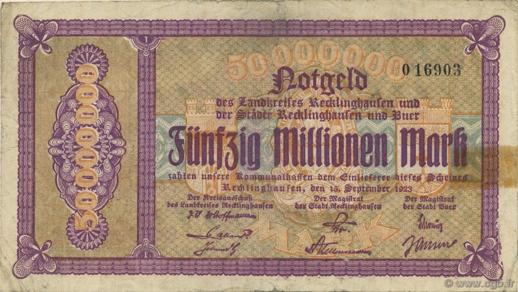 20 Millions Mark ALLEMAGNE Recklinghausen 1923  pr.TTB