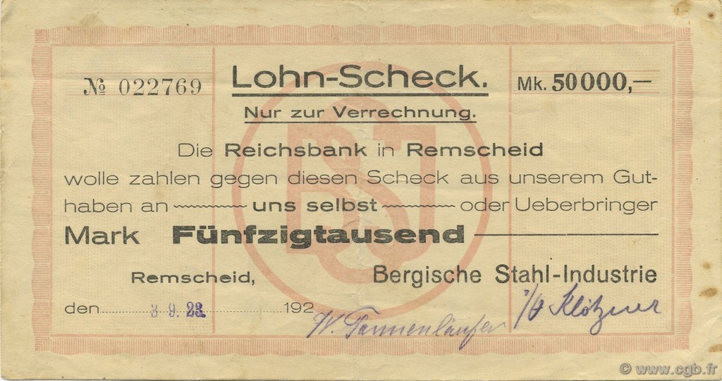 50000 Mark GERMANY Remscheid 1923  XF+