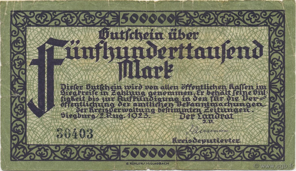 500000 Mark ALLEMAGNE Siegburg 1923  TB
