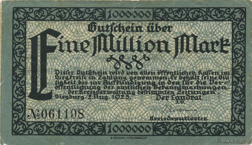 1 Million Mark ALLEMAGNE Siegburg 1923  TTB