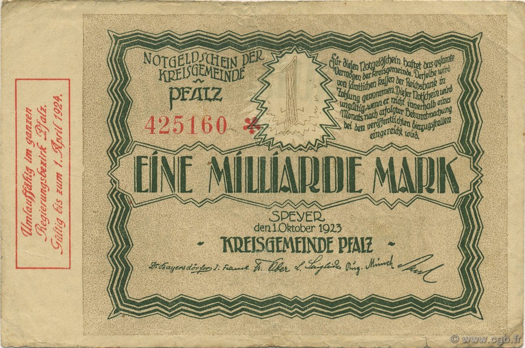 1 Milliard Mark ALLEMAGNE Speyer 1923  TTB