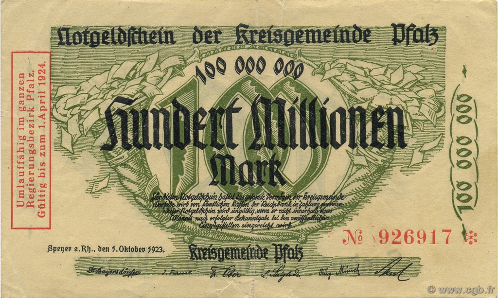 100 Millions Mark GERMANY Speyer 1923  VF+